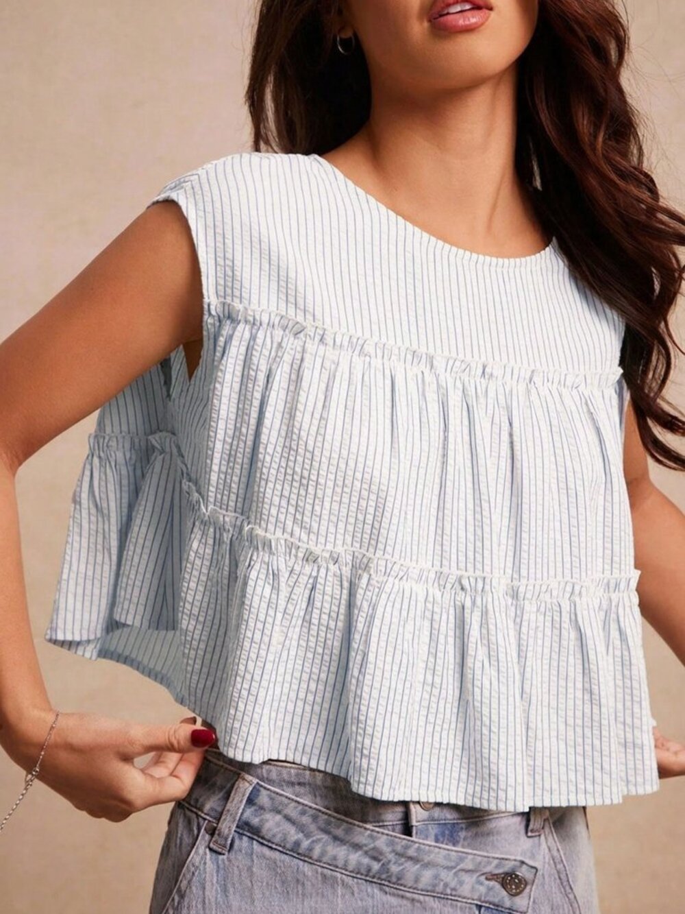 Blue And White Casual Women's Striped Woven Round Neck Cap Sleeve Ruffle Top - Picture 4 of 5